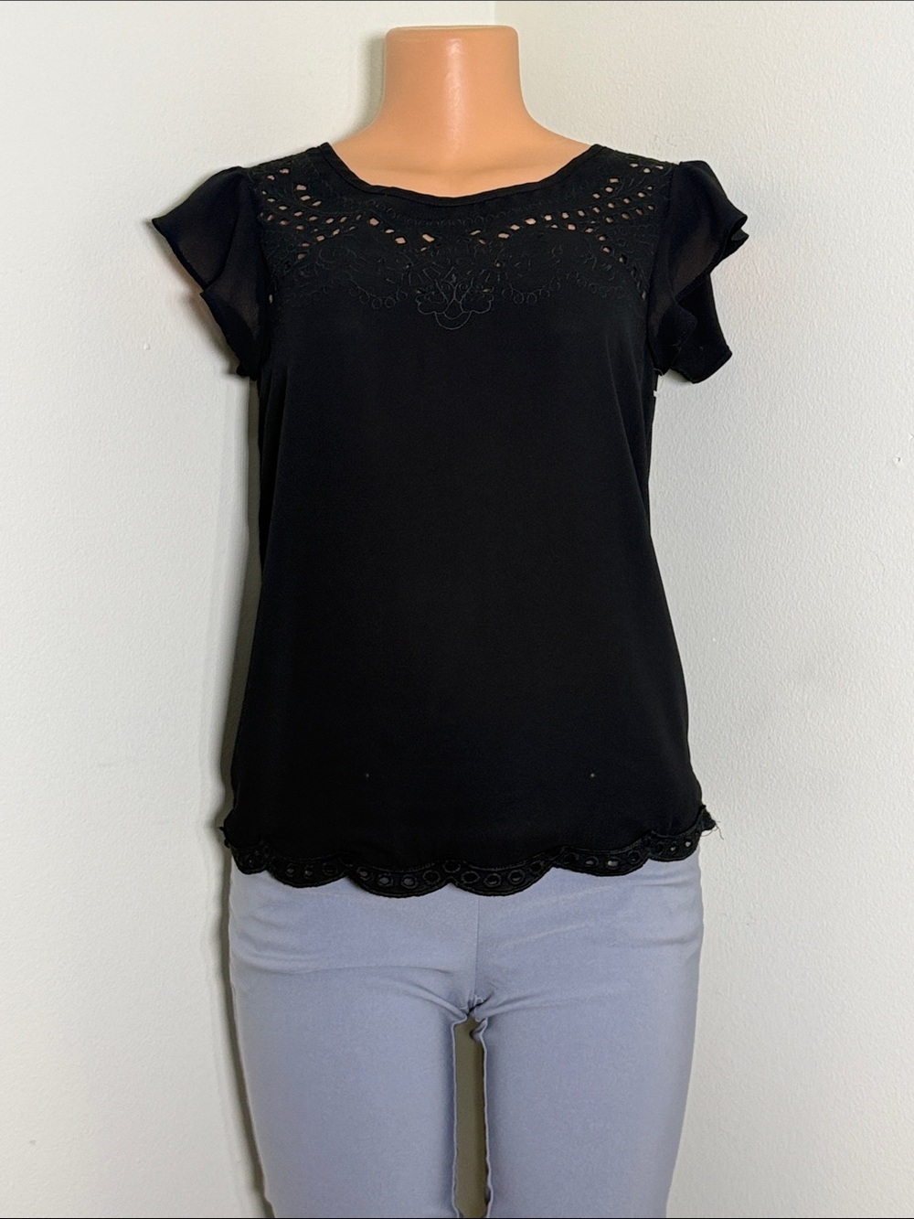 Xhilaration Black Crochet Trim Flutter Sleeve Top | Size XS